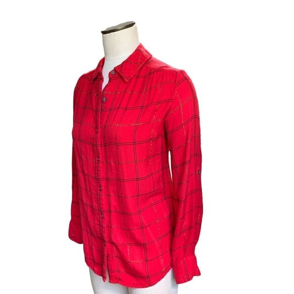 Lord & Taylor Red Plaid Button Up Flannel Top Adjustable Lace-up Back Sz S #55G - Picture 4 of 7